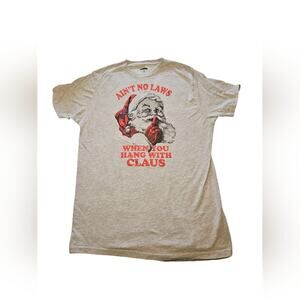Large Mens Funny Santa Graphic T-Shirt, Small Stain On Back, Used.